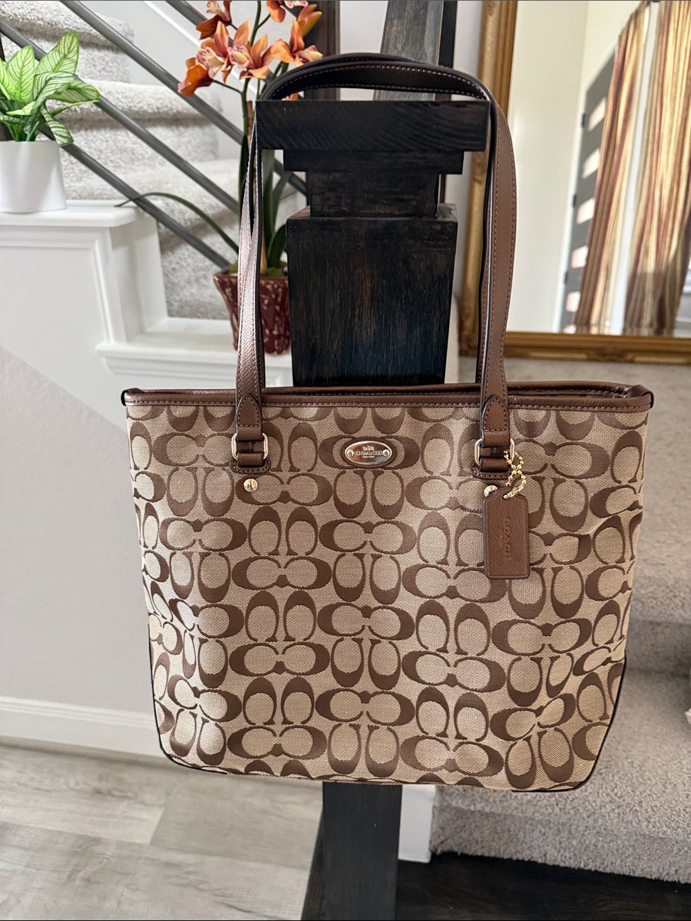 Coach Brown Signature Canvas Tote with Leather Trim